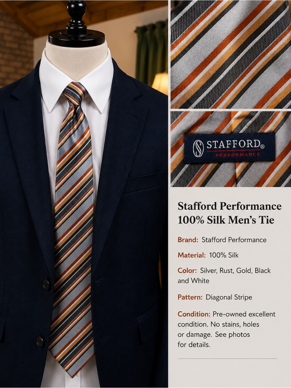 Stafford Rust, Silver & Gold Diagonal Stripe Silk Tie